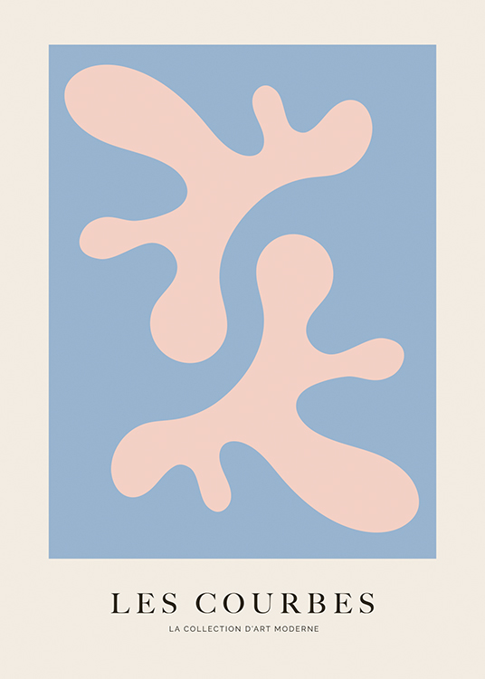  – Grafisk illustration med abstrakta, rosa former mot en blå och ljusbeige bakgrund