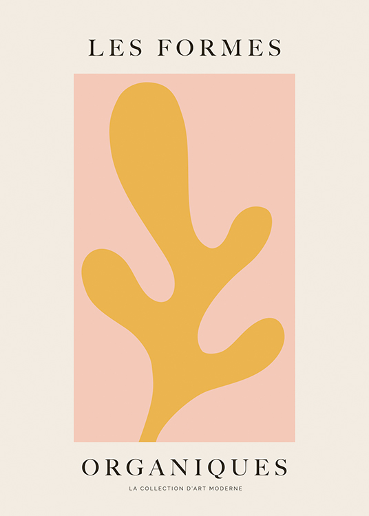  – Grafisk illustration med en form i gult på en rosa och ljusbeige bakgrund