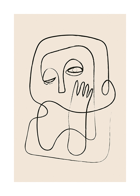  – Illustration med en abstrakt arm och ett ansikte i svarta linjer på en beige bakgrund