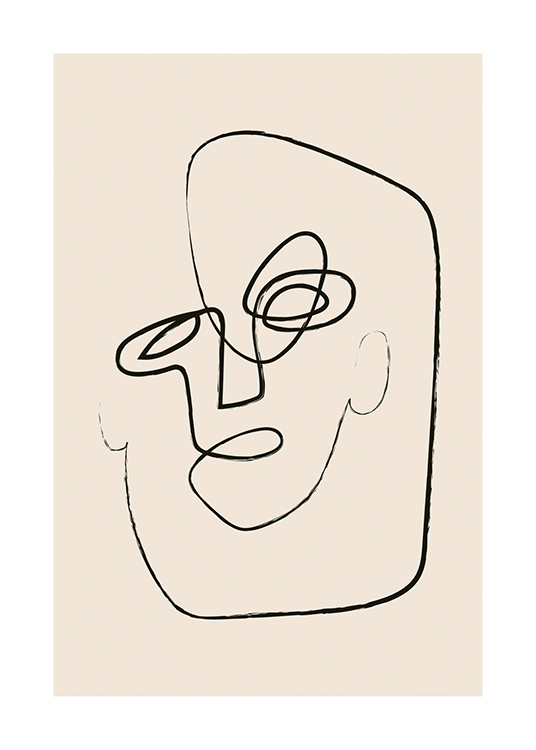  – Illustration i line art med ett abstrakt ansikte i svarta linjer mot en beige bakgrund