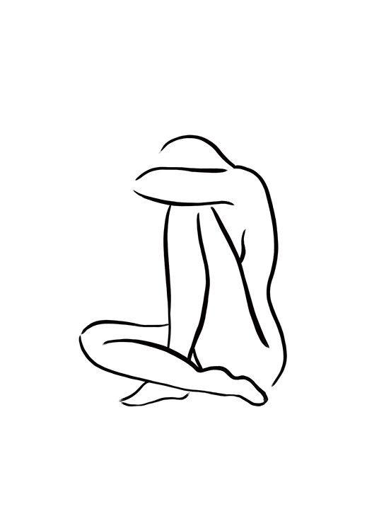  – Illustration i line art med en naken kvinna som sitter ner, i svart på en vit bakgrund