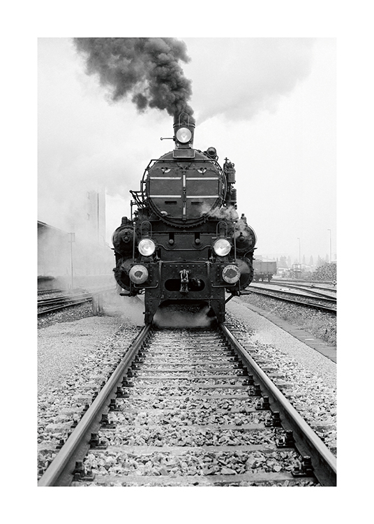  – Svartvitt fotografi av ett gammalt tåg sett framifrån