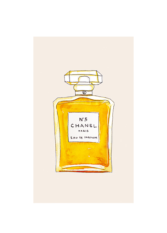  – Illustration av en flaska Chanel-parfym i orange, på en beige bakgrund