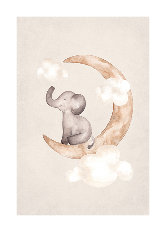  – Målning i akvarell av en liten elefant som sitter på en måne med moln runt omkring