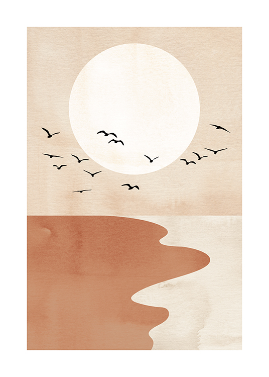  – Grafisk illustration med en röd och beige strand, svarta fåglar och en ljusbeige cirkel