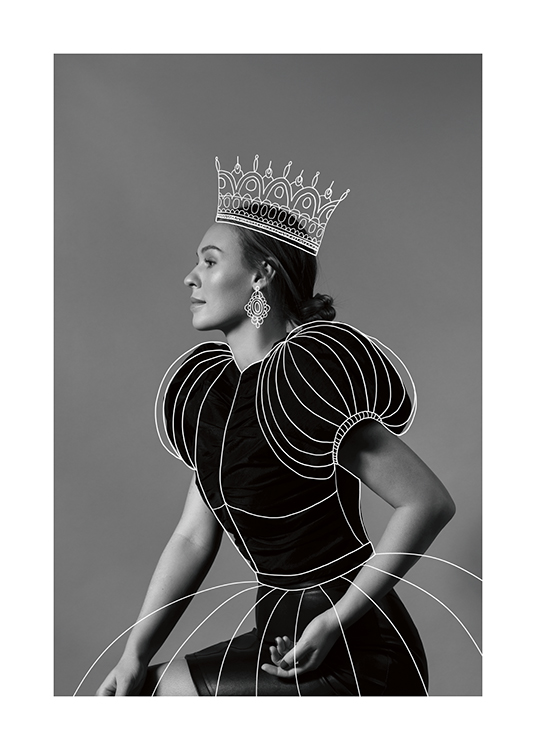  – Svartvitt fotografi av en kvinna i profil, med en illustrerad krona och klänning