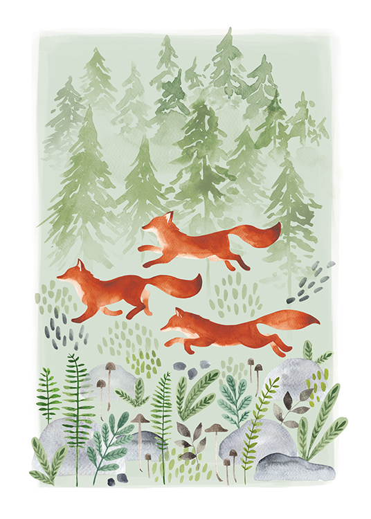  – Illustration i akvarell av rävar omgivna av träd och stenar, på grön bakgrund