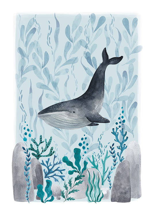  – Illustration i akvarell av en val som simmar mellan blå och gröna växter, på en blå bakgrund