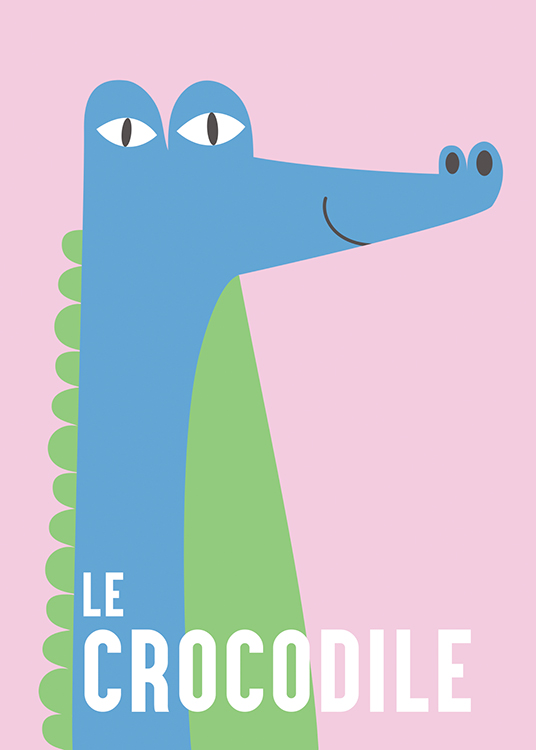  – Grafisk illustration av en leende krokodil i blått och grönt på en rosa bakgrund