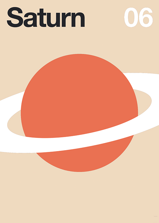  – Grafisk illustration av Saturnus, med en röd cirkel och en vit ring runtom