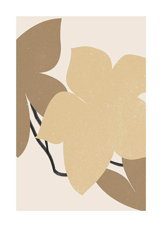  – Grafisk illustration av beige och bruna blommor med vita fläckar på en bakgrund i ljusbeige