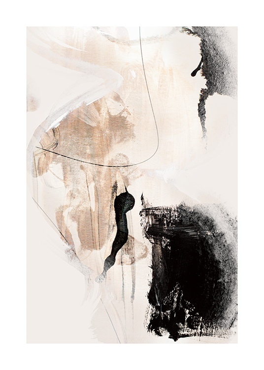  – Abstrakt målning med beige och svarta former på en ljus bakgrund