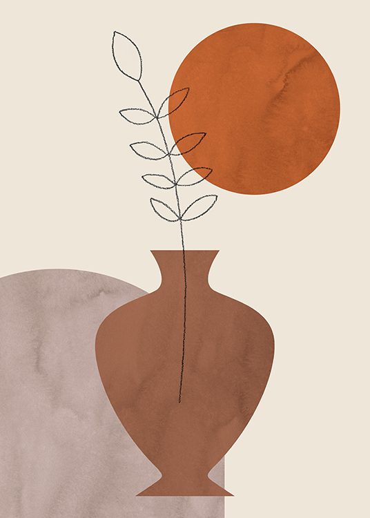  – Illustration av en brun kruka med kvist och färgglada former runtom, på en ljusbeige bakgrund
