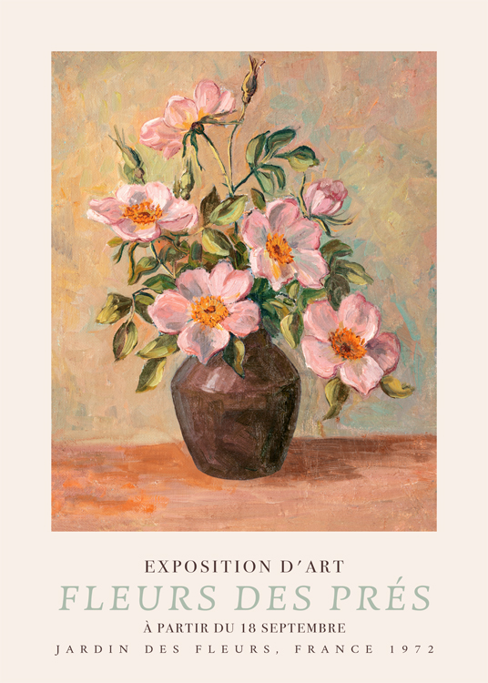  – Målning av en rosa blombukett i en vas mot en färgad bakgrund, med text längst ner