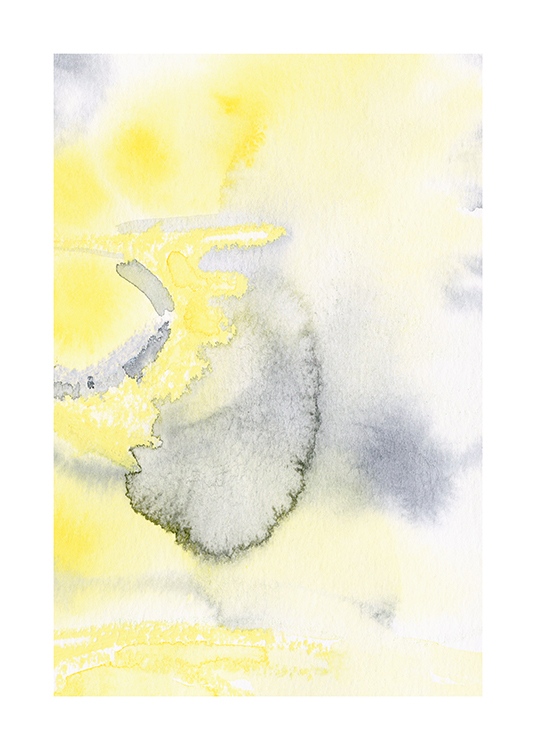  – Målning med abstrakt bild i gult med blågrå detaljer