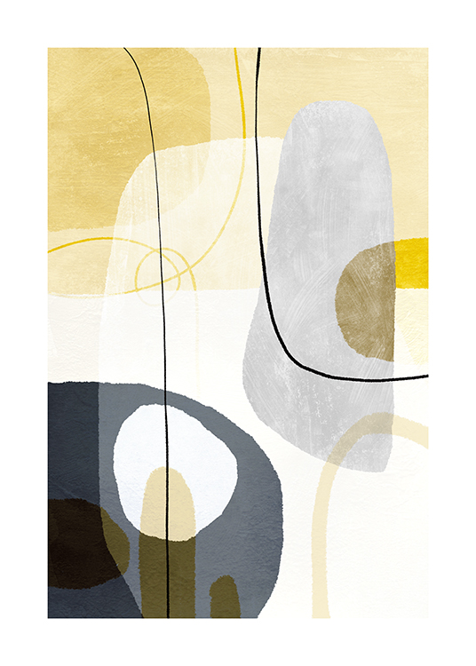  – Illustration med former och linjer i grått och gult