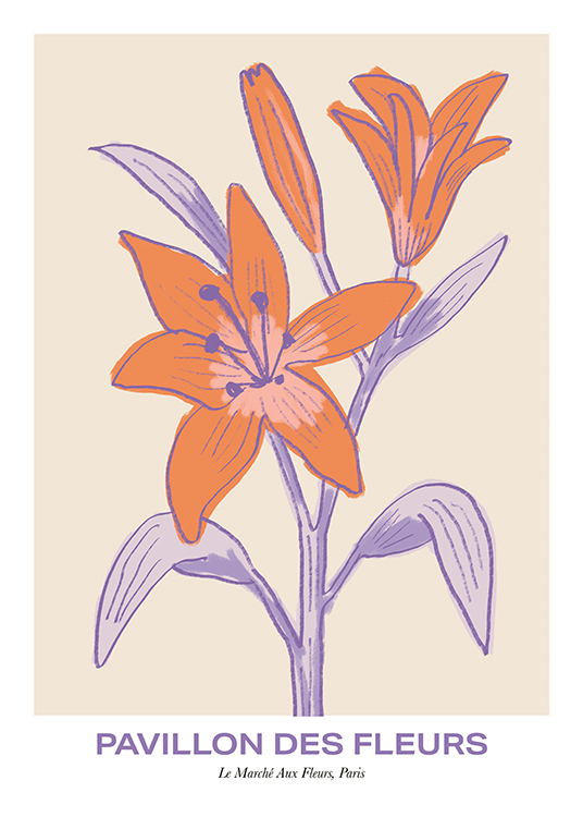  – Teckning av färgglada liljor med ljusbruna kronblad och lila blad på en beige bakgrund