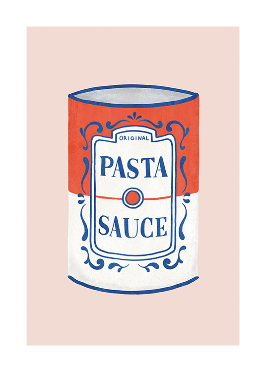  – Illustration av en burk pastasås i rött, blått och vitt mot en rosa bakgrund