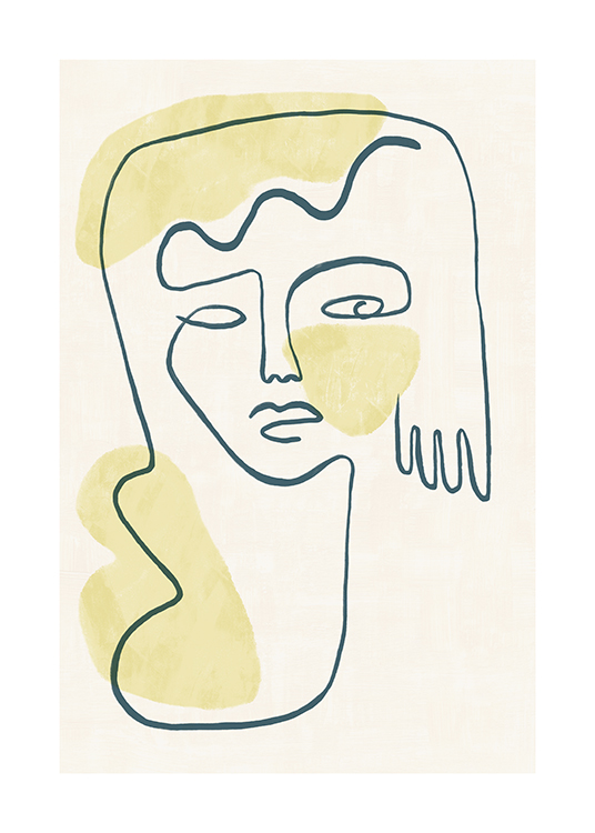  – Illustration av ett ansikte och en hand i line art, gula former och en ljusbeige bakgrund