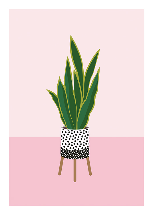  – Illustration av en växt mot en rosa bakgrund, i en prickig kruka med ben