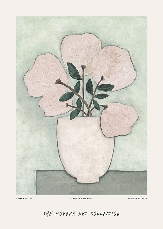  – Målning av en vas med gammelrosa rosa blommor mot en grön bakgrund, med text längst ner
