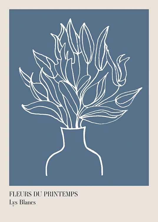  – Grafisk illustration med en blombukett i en vas, ritad i vitt på en blågrå bakgrund