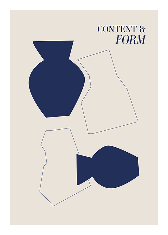  – Grafisk illustration med abstrakta former och vaser i blått på en beige bakgrund