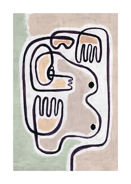  – Målning med en abstrakt design med ett par bröst och händer på en beige och grön bakgrund