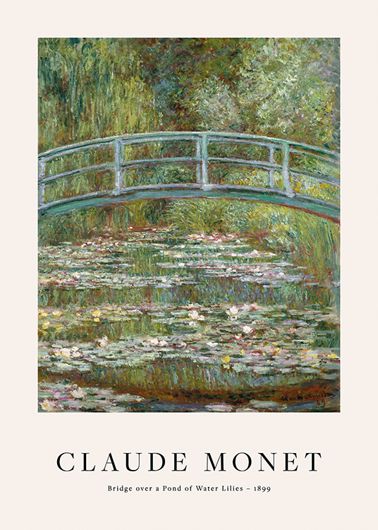  – Målning av en damm med näckrosor under en bro med träd i bakgrunden