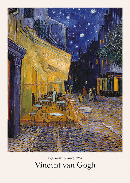  – Målning av ett kafé i en stad, med en terrass utanför, och en mörkblå himmel i bakgrunden
