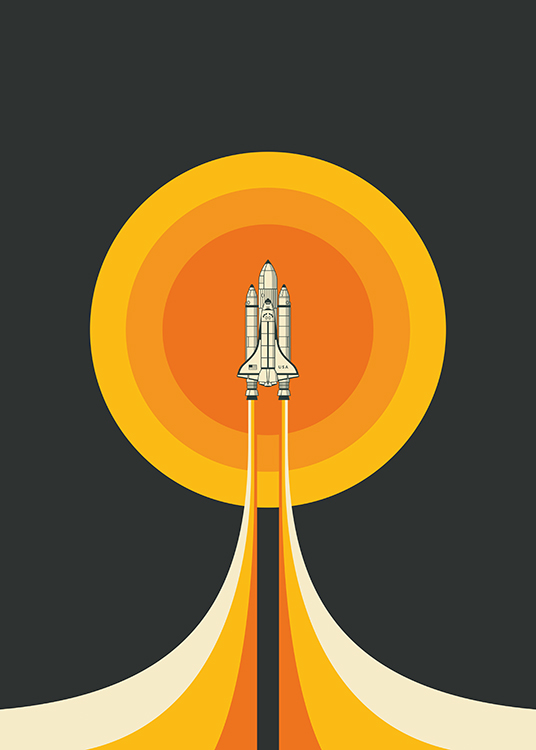  – Grafisk illustration med en gul och orange cirkel bakom en rymdfärja