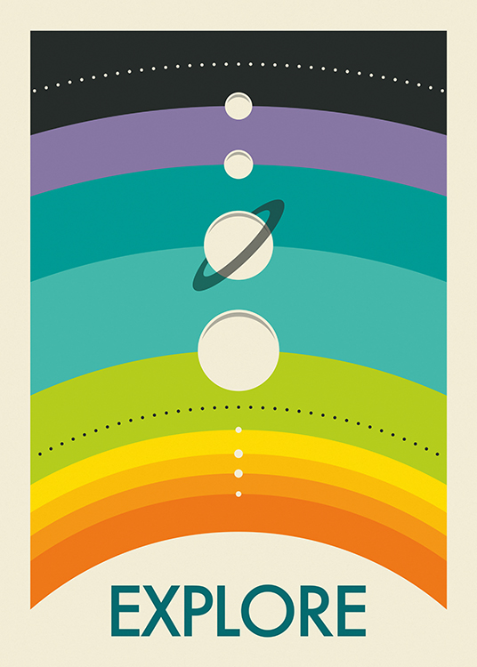 – Grafisk illustration med en regnbåge bakom planeter och text längst ner
