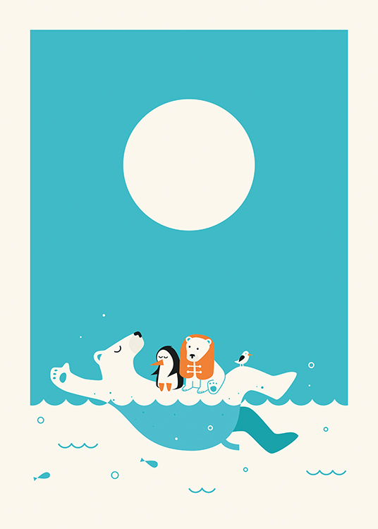  – Grafisk illustration av en simmande isbjörn med djur på magen