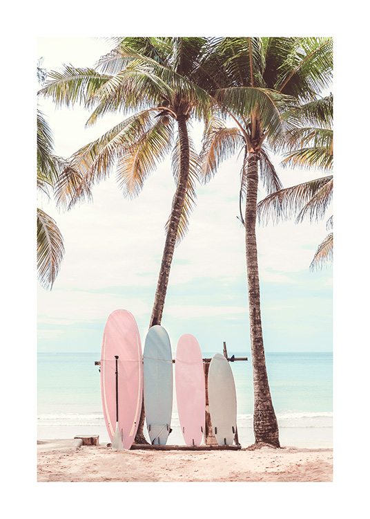  – Fotografi av ett par färgglada surfbrädor som står lutade mot två palmer