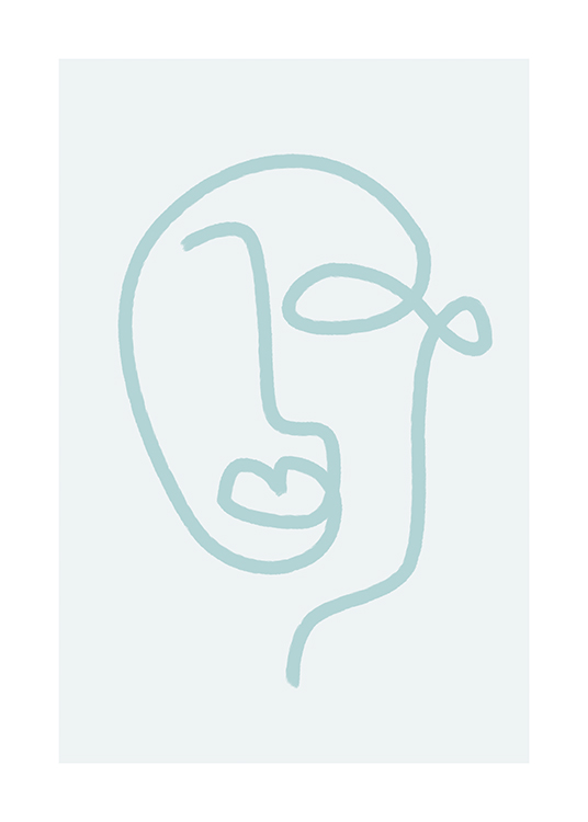  – Line art-illustration med ett abstrakt ansikte i blått, på en ljusblå bakgrund