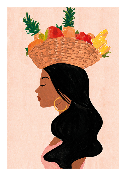  – Illustration av en kvinna från sidan med svart hår som bär en fruktkorg på huvudet