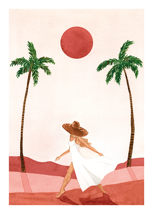  – Illustration av en kvinna en i vit klänning och solhatt som går på röd sand med palmer i bakgrunden