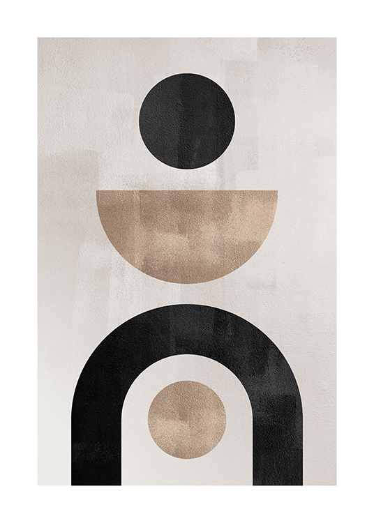  – Grafisk illustration med geometriska former i beige och svart på en gråbeige bakgrund