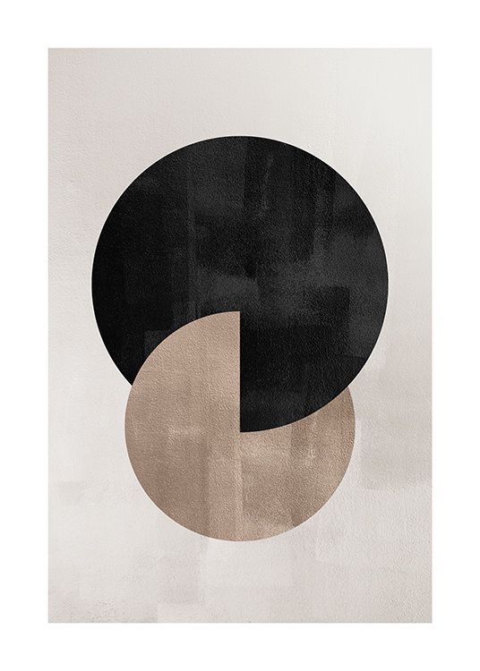  – Grafisk illustration av en beige och svart cirkel som överlappar varandra, på en gråbeige bakgrund