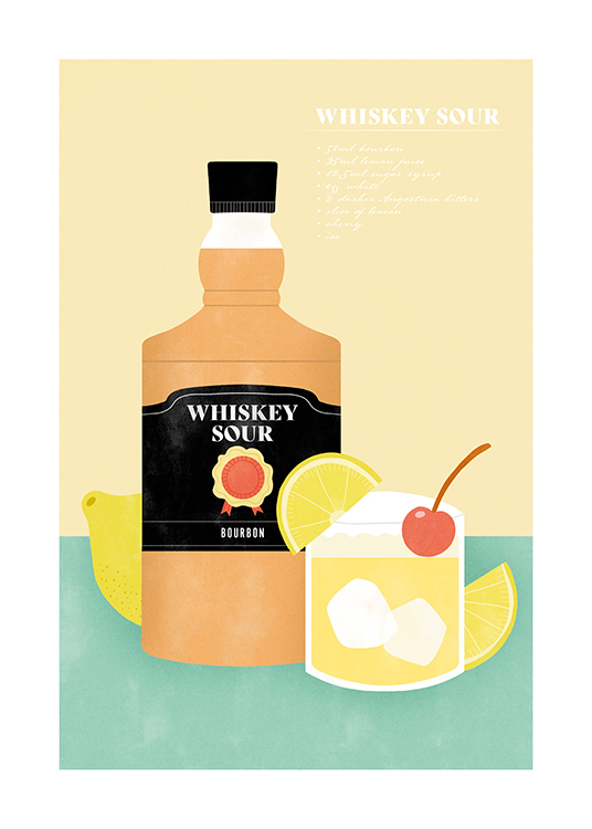 – Grafisk illustration av en whiskeyflaska och ett glas whiskey sour med citroner och körsbär