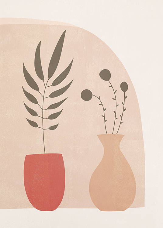  – Grafisk illustration av en röd och en beige vas med löv i, mot en ljusbeige bakgrund
