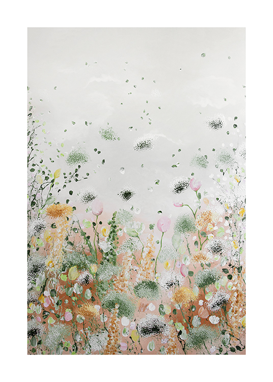  – Abstrakt målning med små växter och blommor i olika färger mot en grå bakgrund