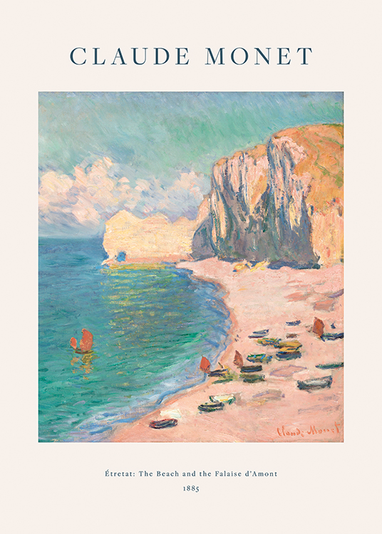  – Målning av en strand med havet bredvid och klippor i bakgrunden