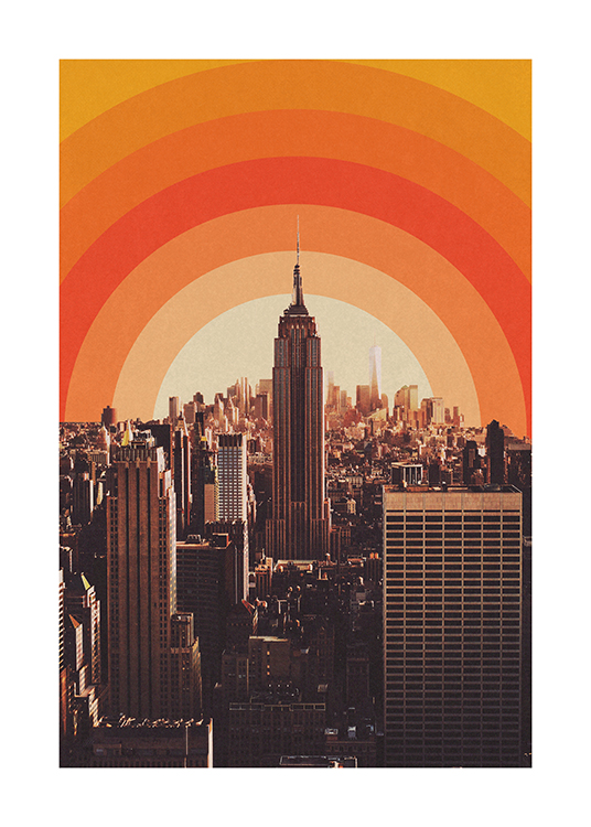  – Fotografi av byggnader i New York City med en abstrakt, grafisk solnedgång i bakgrunden