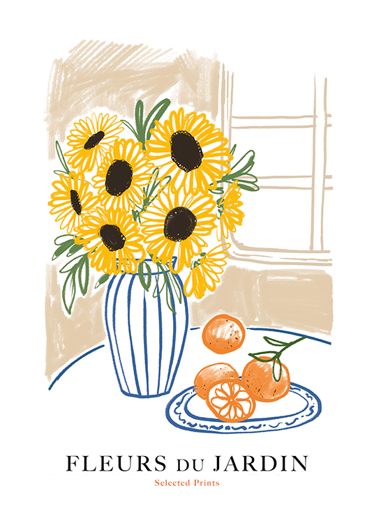  – Illustration av en vas med solrosor och apelsiner bredvid, med text under