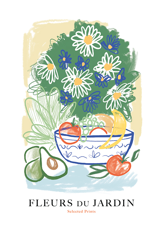  – Illustration av en blombukett och frukt och grönsaker i en skål