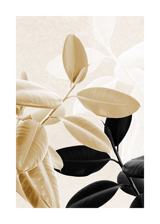  – Fotografi av svarta och gyllene fikusväxter med silhuetter av ljusa blad i bakgrunden