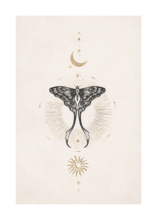  – En symmetrisk poster med måne, sol och fjäril