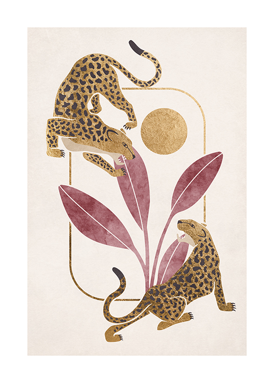  – En illustration av två leoparder på en bakgrund med savanntema
