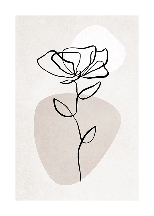 – Illustration i line art med en svart blomma mot en bakgrund i ljusgrått med en vit och beige form